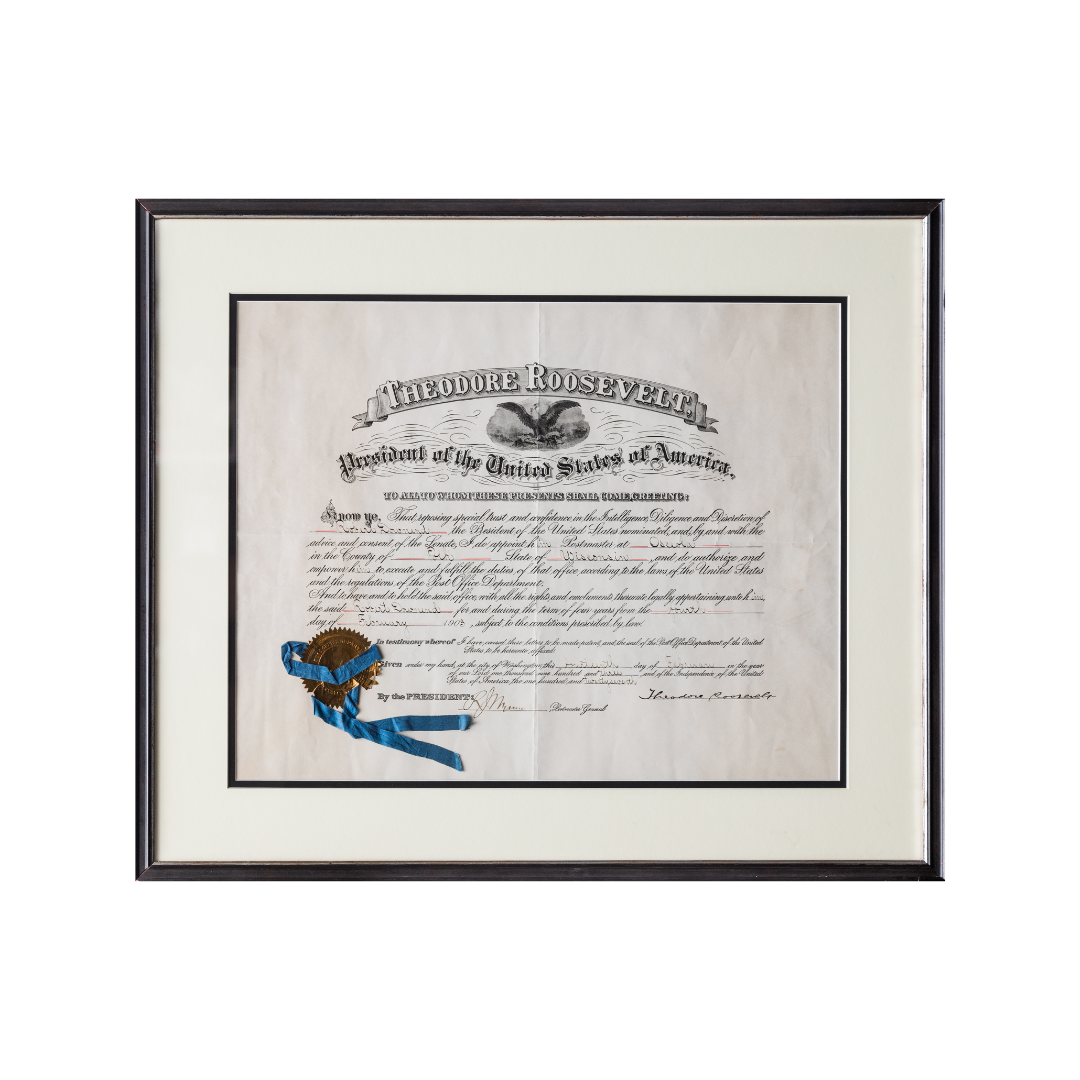 Theodore Roosevelt Signed Framed Postmaster Document