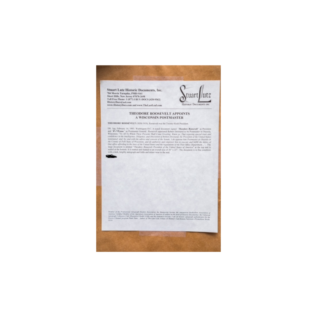 Theodore Roosevelt Signed Framed Postmaster Document